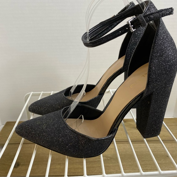 Aldo Shoes - Aldo Women’s Block Heel Sparkly Pointed Toe‎ Ankle Strap Black Shoes Size 9